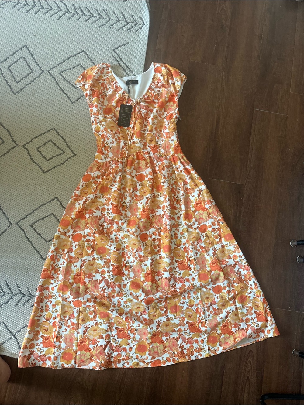 Floral Midi Dress in Orange and Cream
